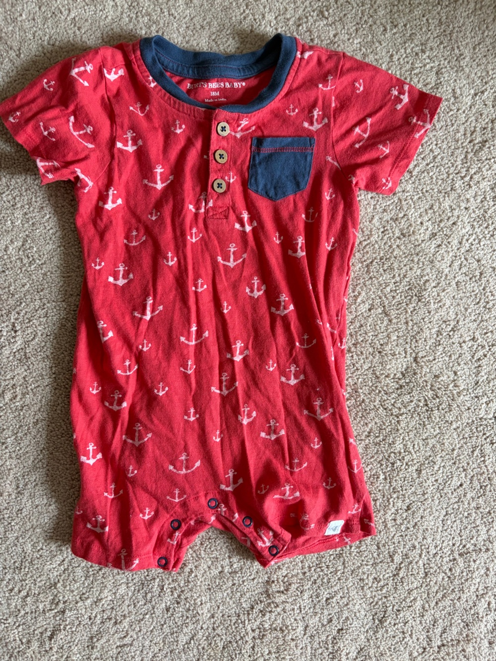 Burt's Bees Baby Red Anchor Print Polo Romper with Navy Pocket